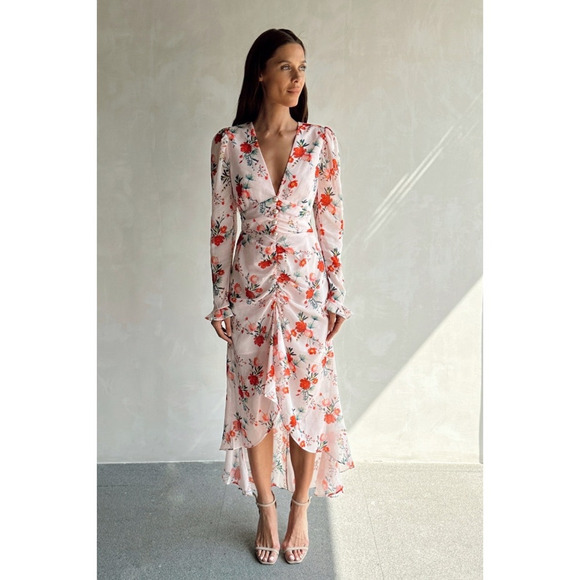 NWT Sau Lee Ciara Pink Floral Ruffle Midi Dress Size 6 Wedding Guest - Picture 4 of 16